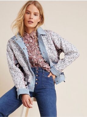 Blank NYC Anthropologie Reversible Patchwork Floral Jacket Denim Trim, Size M